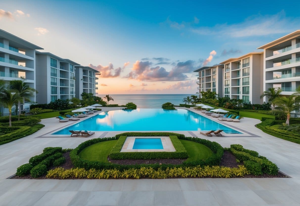 A serene beachfront property in Cebu with a luxurious resort-style pool and well-manicured landscaping, surrounded by modern condominium buildings