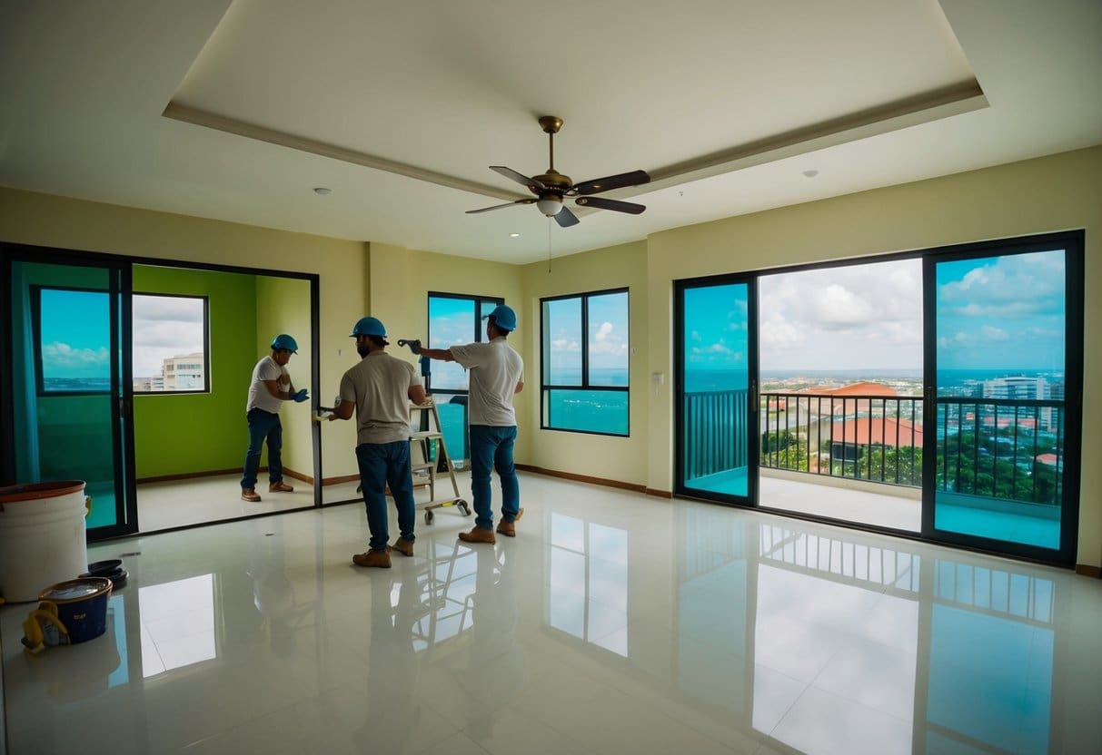 A newly purchased property in Cebu undergoes renovation and furnishing, with workers installing new fixtures and painting the walls