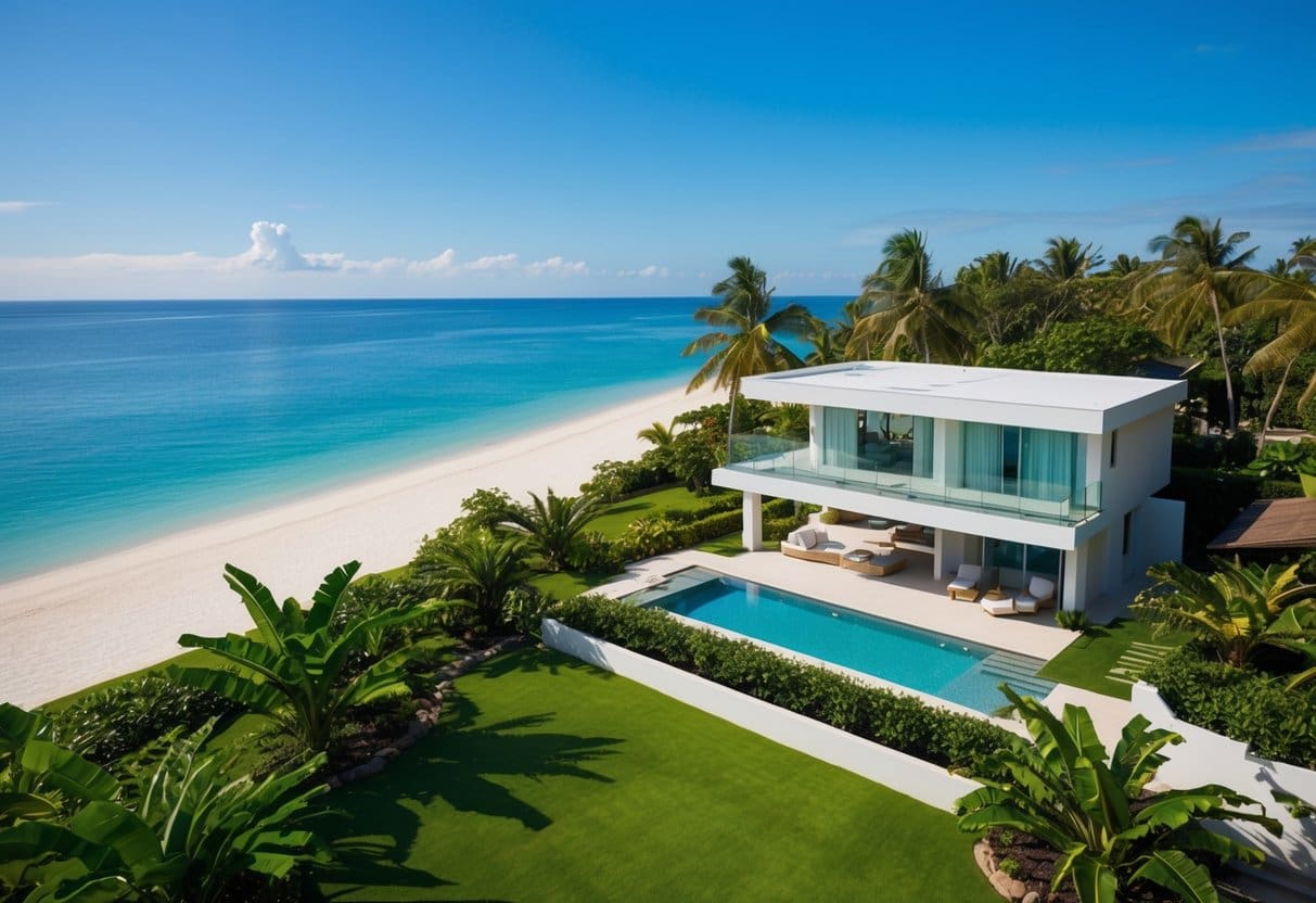 A serene beachfront property in Cebu, with a modern house overlooking the ocean, surrounded by lush tropical gardens and a clear blue sky