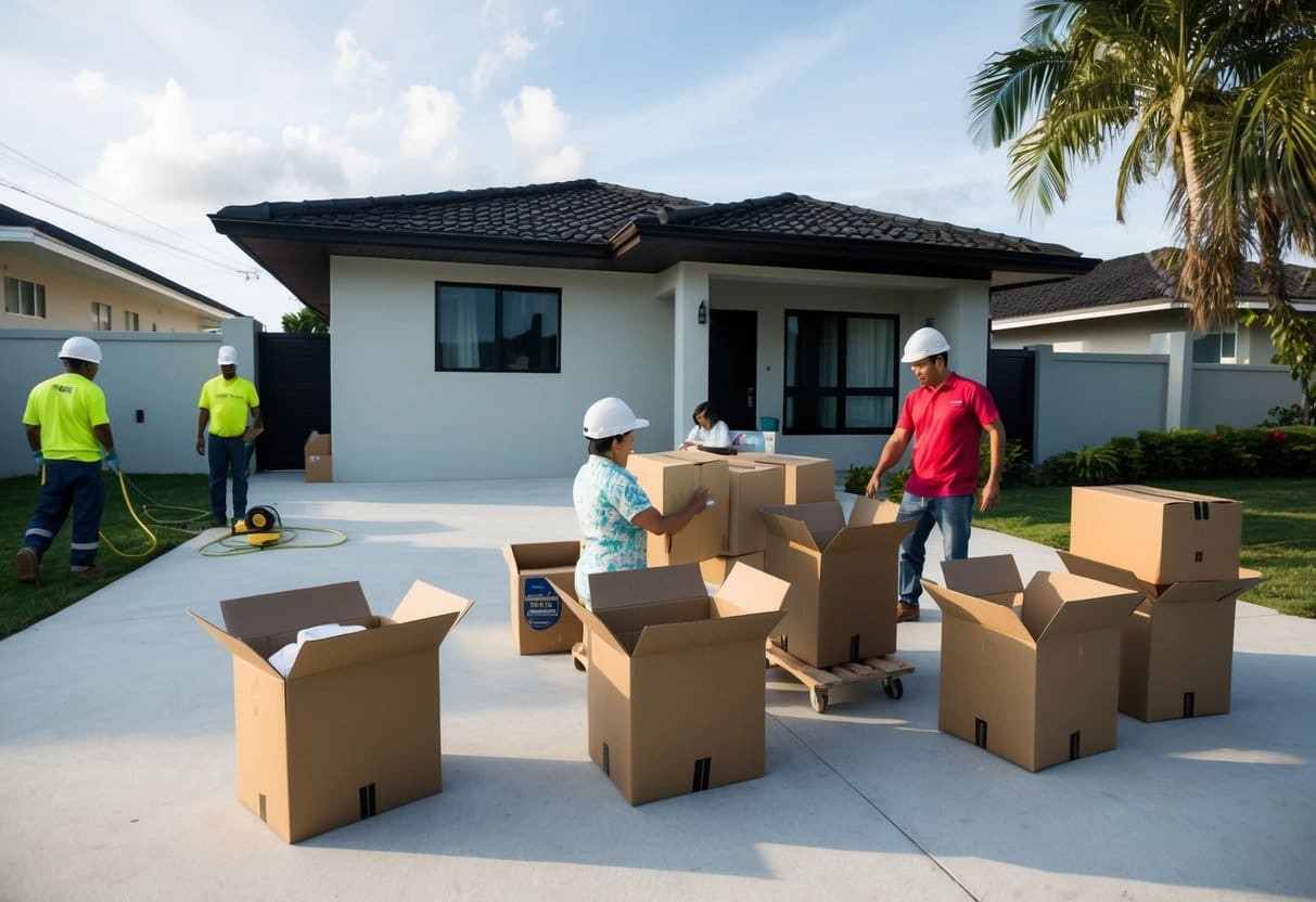 A family unpacks boxes in their new Cebu home, while workers connect utilities outside