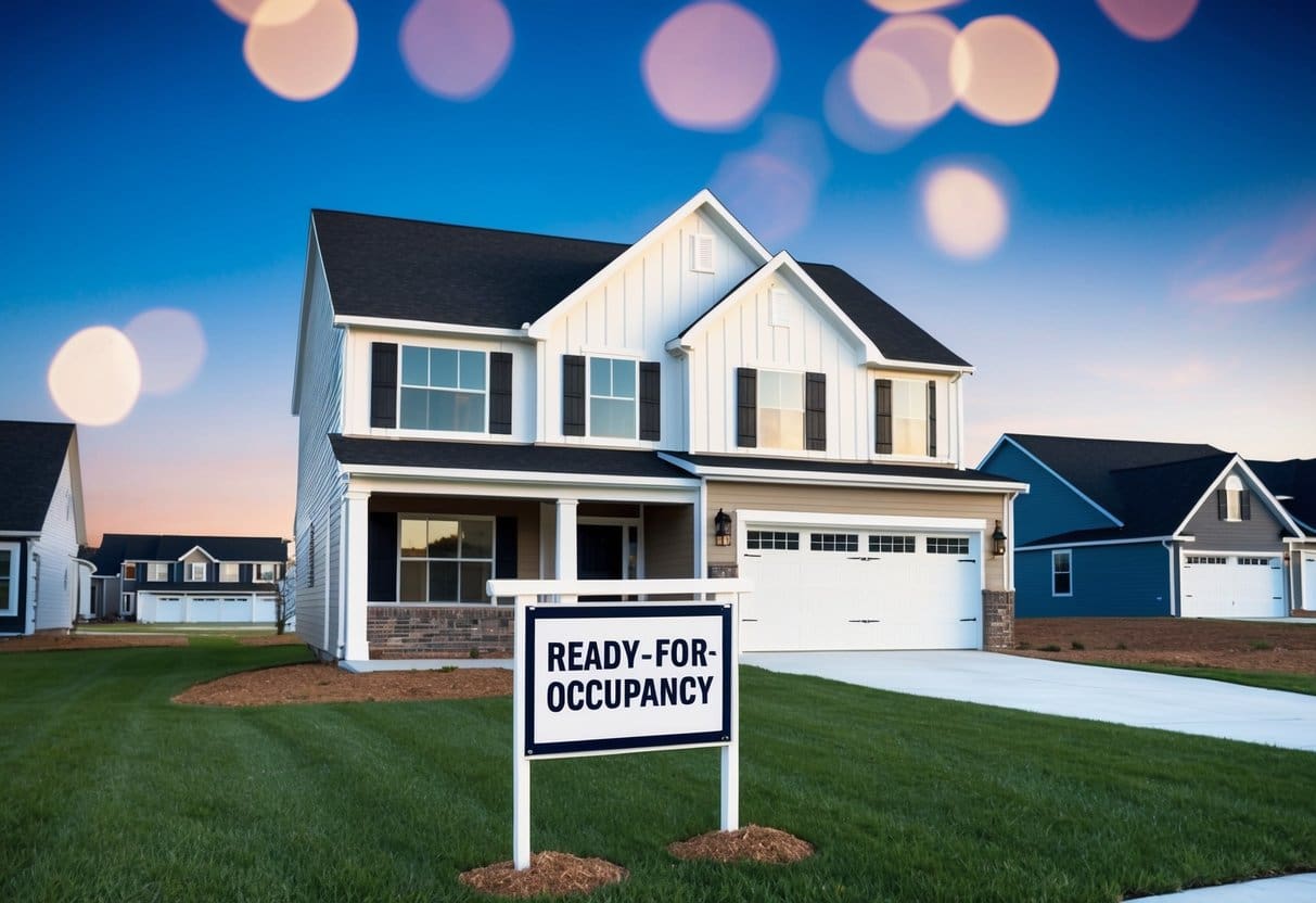 A newly built, fully furnished home with a "Ready-for-Occupancy" sign in the front yard, surrounded by other completed houses