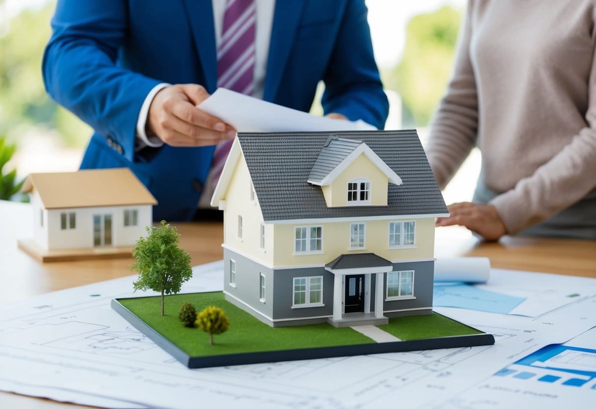 A real estate agent presenting blueprints and floor plans to a couple, with a scale model of a pre-selling home displayed on a table