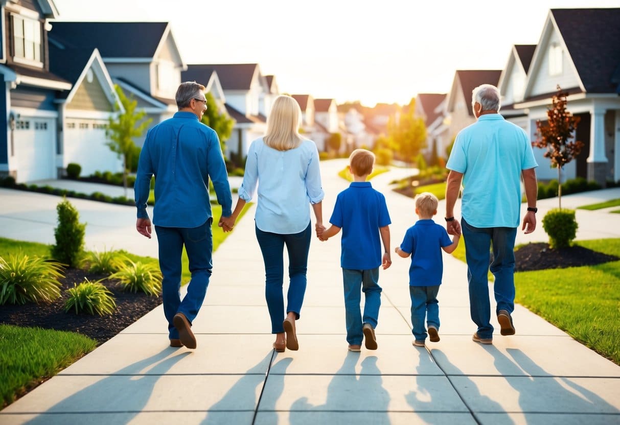 A family walking through a neighborhood, comparing pre-selling and ready-for-occupancy homes. Different designs and landscaping are visible