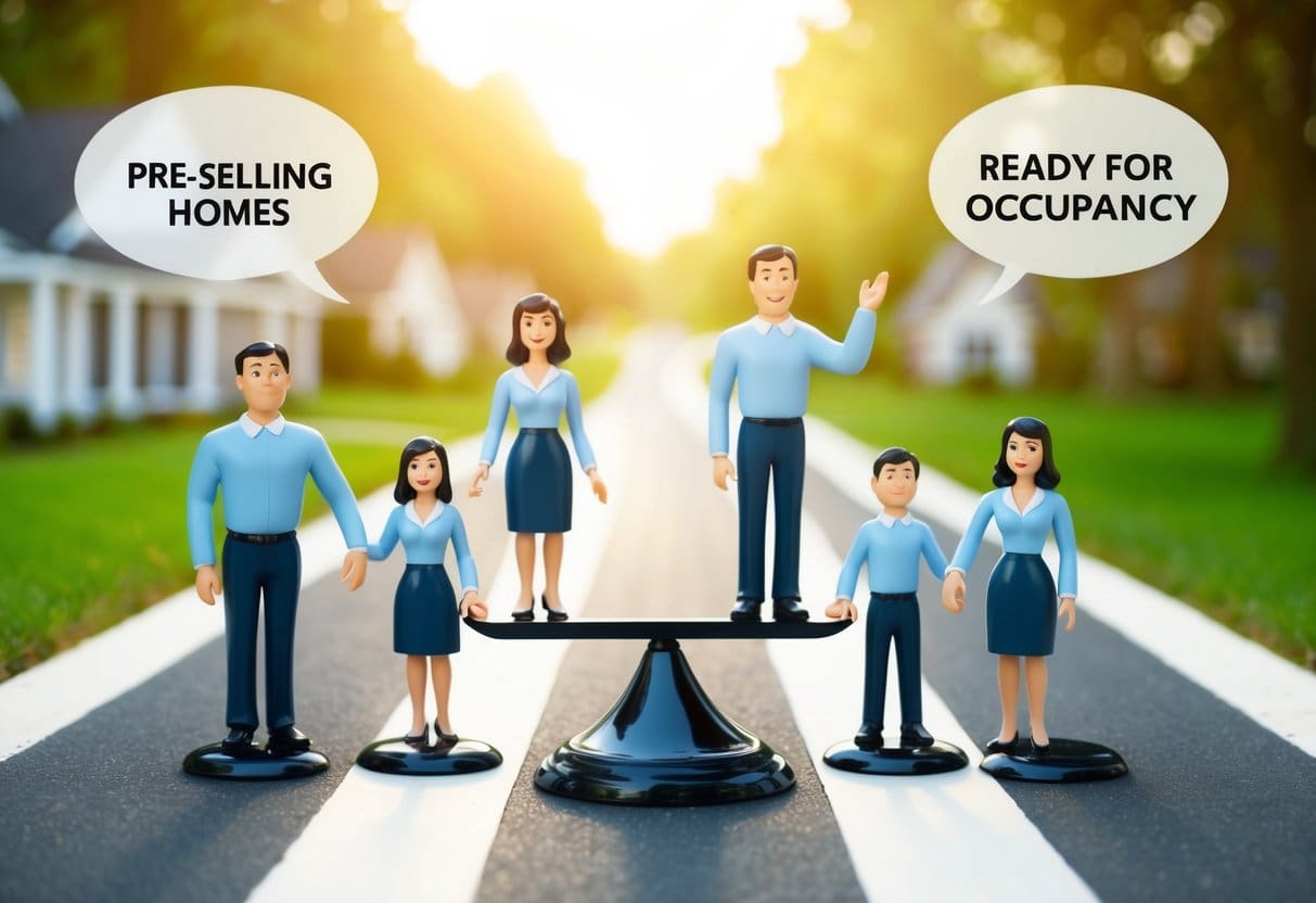 A family stands at a crossroads, one path leading to pre-selling homes, the other to ready-for-occupancy. A scale symbolizes the decision-making process