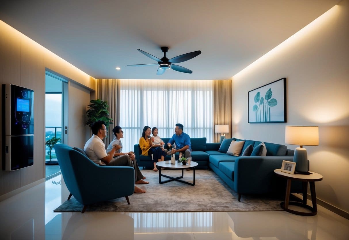 A modern smart home in Cebu, with automated lighting, temperature control, and security features. A family is seen enjoying the convenience and comfort of their high-tech living space