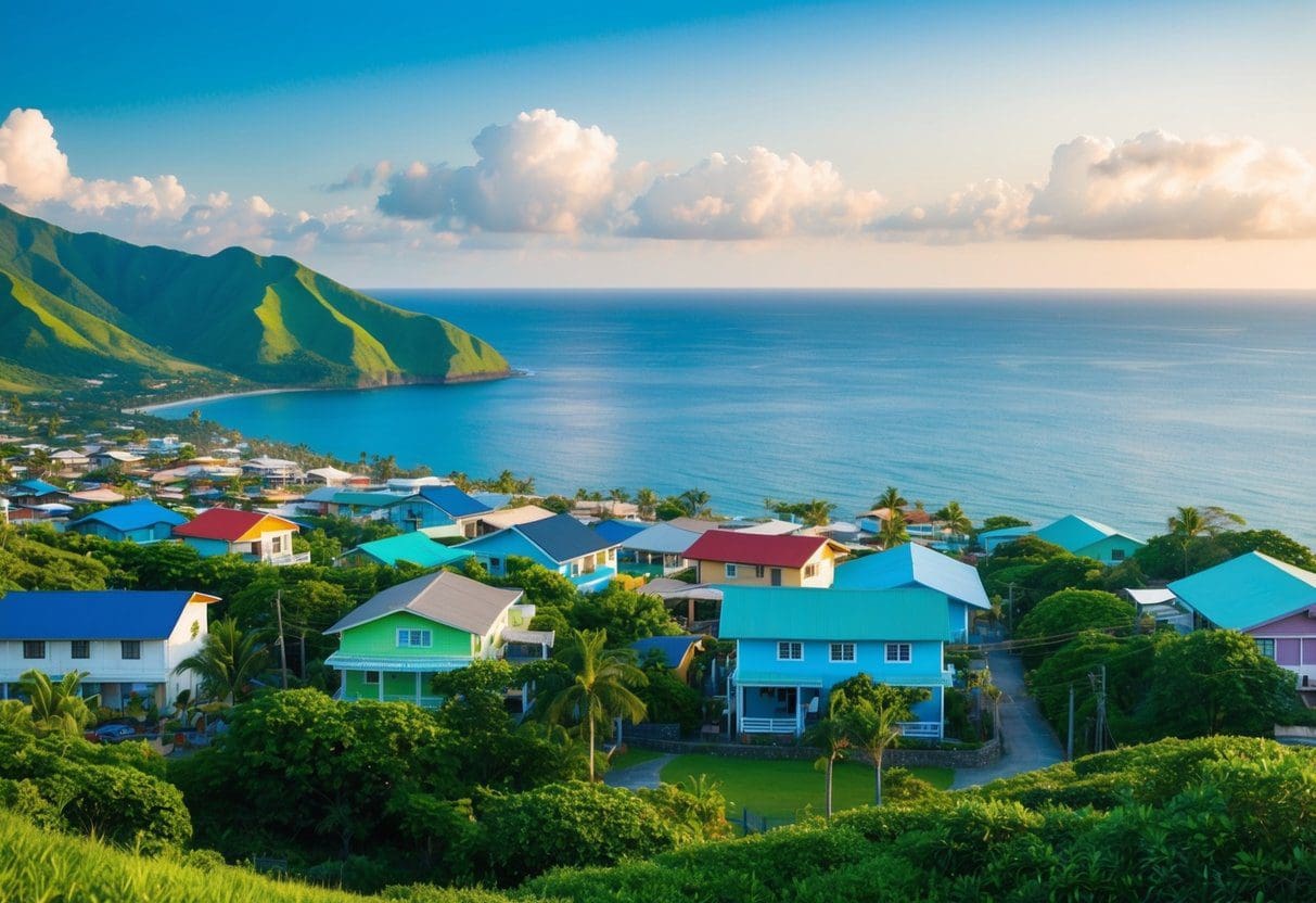 A serene coastal town in Cebu, with colorful houses nestled against lush green hills, overlooking the sparkling blue ocean