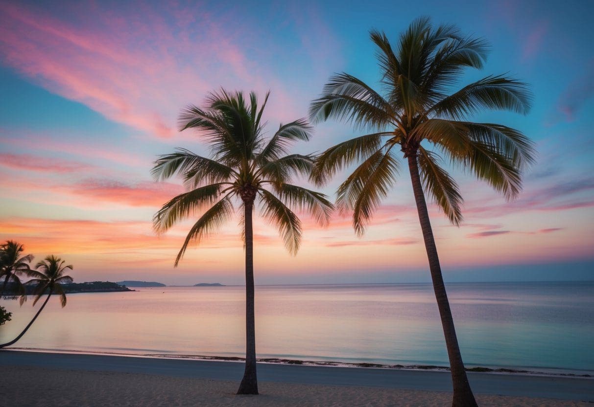 A serene beachfront with palm trees and a colorful sunset, overlooking a tranquil ocean bay