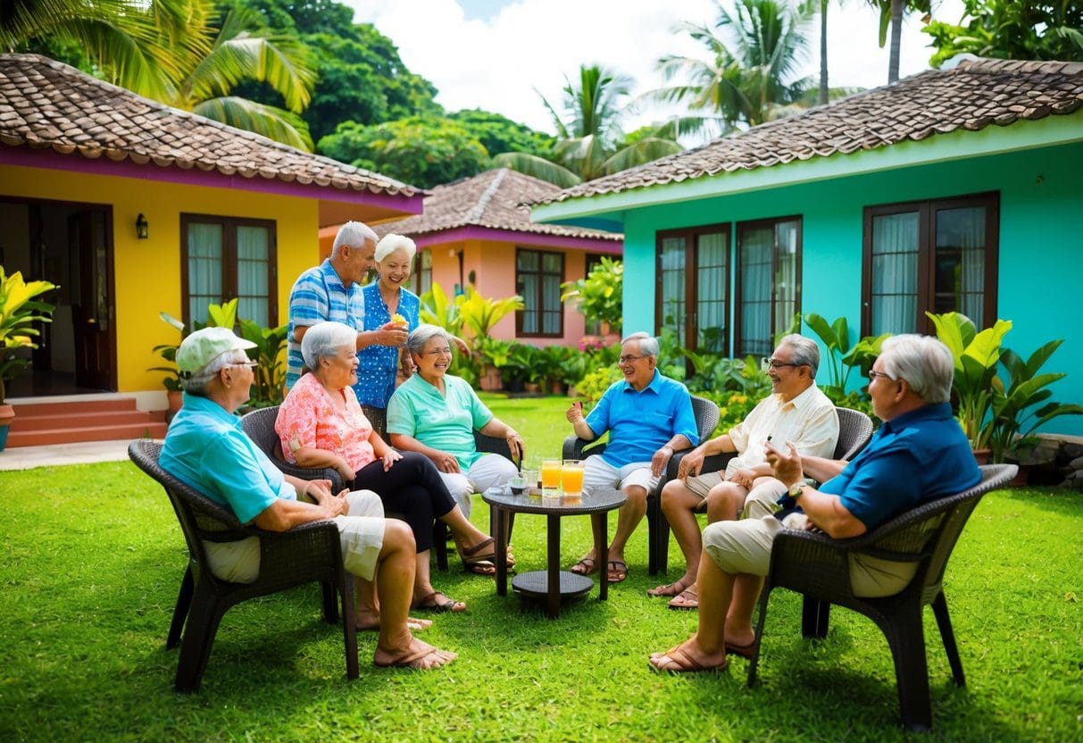 A group of retirees socializing in a cozy, tropical setting with colorful houses and lush greenery, creating a warm and welcoming community in Cebu