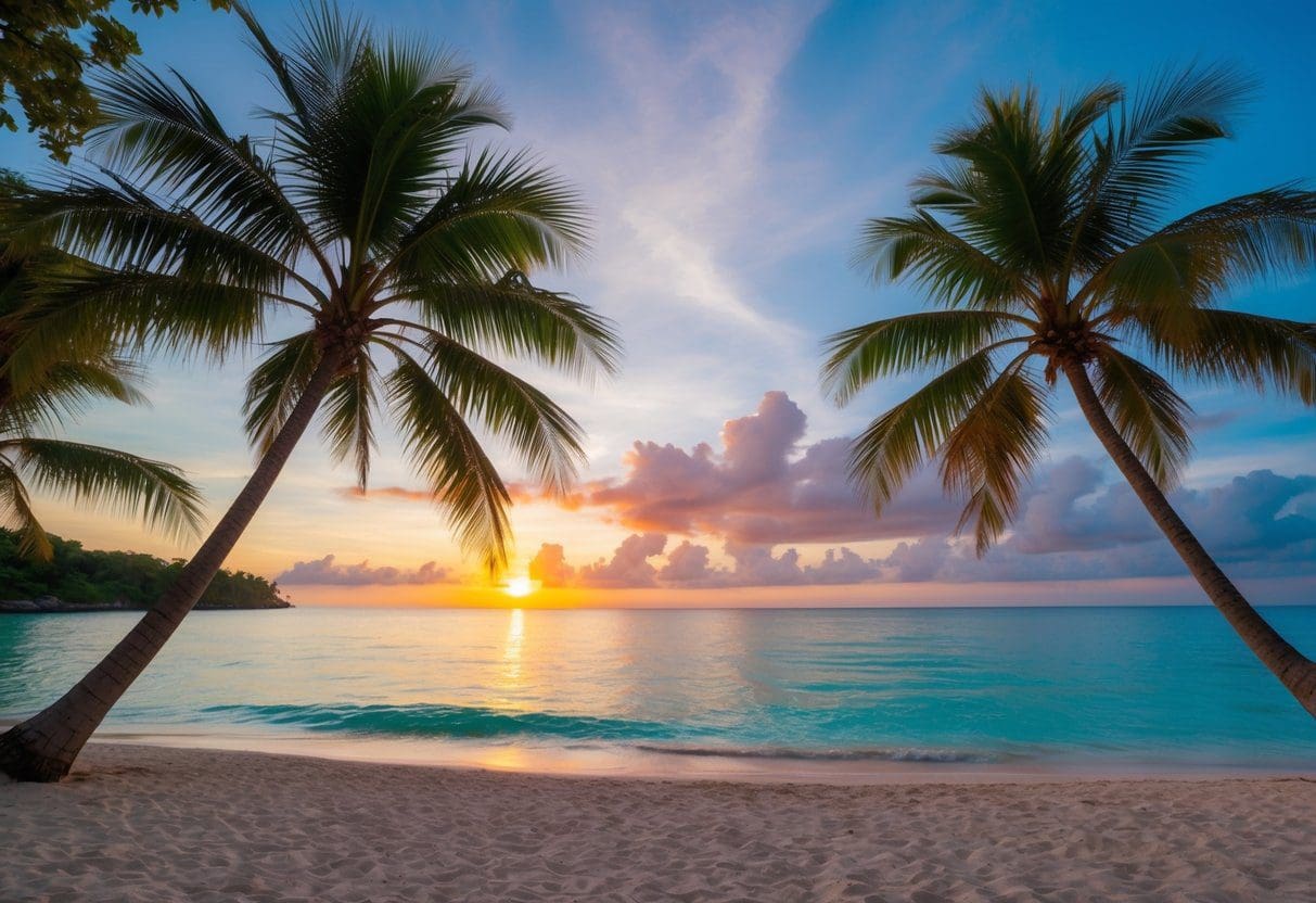A serene beach with palm trees, crystal clear waters, and a colorful sunset, showcasing Cebu as a top retirement destination