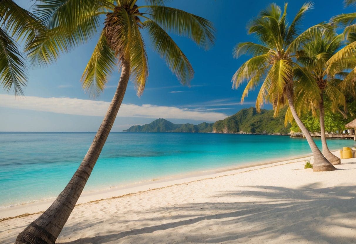 A serene beach with palm trees, crystal-clear waters, and a relaxed atmosphere in Cebu, attracting retirees for their forever home