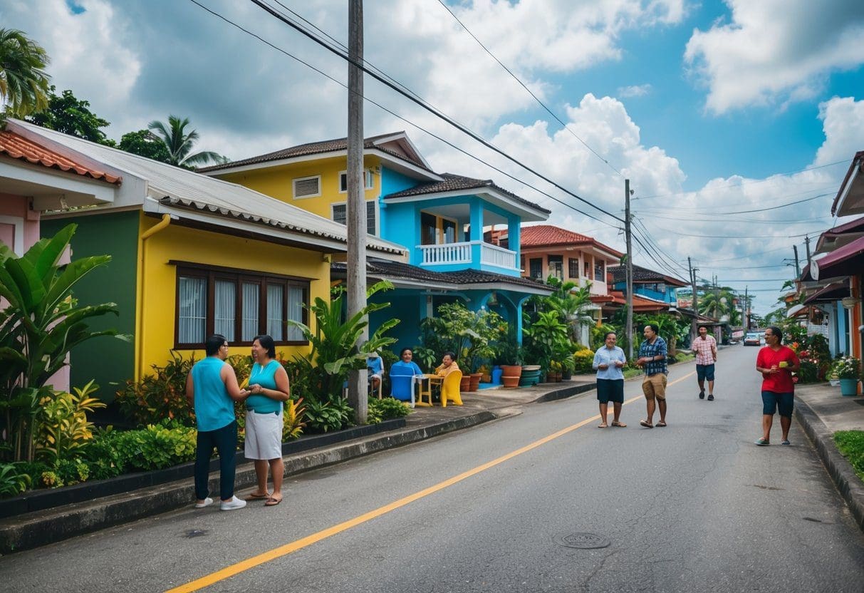 A bustling Cebu neighborhood with colorful houses, lush gardens, and friendly locals chatting in the streets