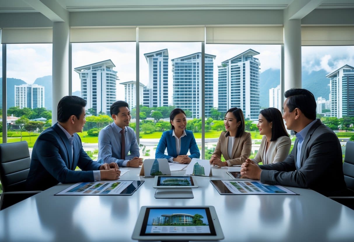 Filipino professionals discussing real estate around a conference table with property models and digital tablets in an office overlooking a city skyline.