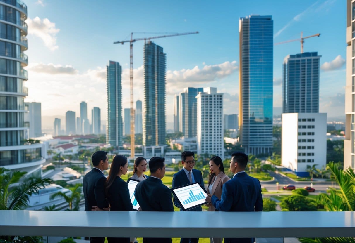 City skyline of Cebu with high-rise buildings and construction cranes, business professionals discussing plans in the foreground.