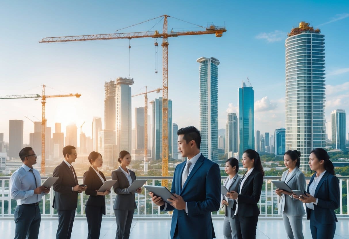 A city skyline of Cebu with high-rise buildings and construction cranes, and business professionals discussing plans in the foreground.