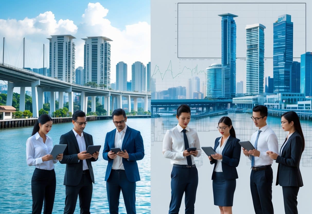Business professionals discussing real estate investment with cityscapes of Cebu and Manila in the background, highlighting urban infrastructure and development.