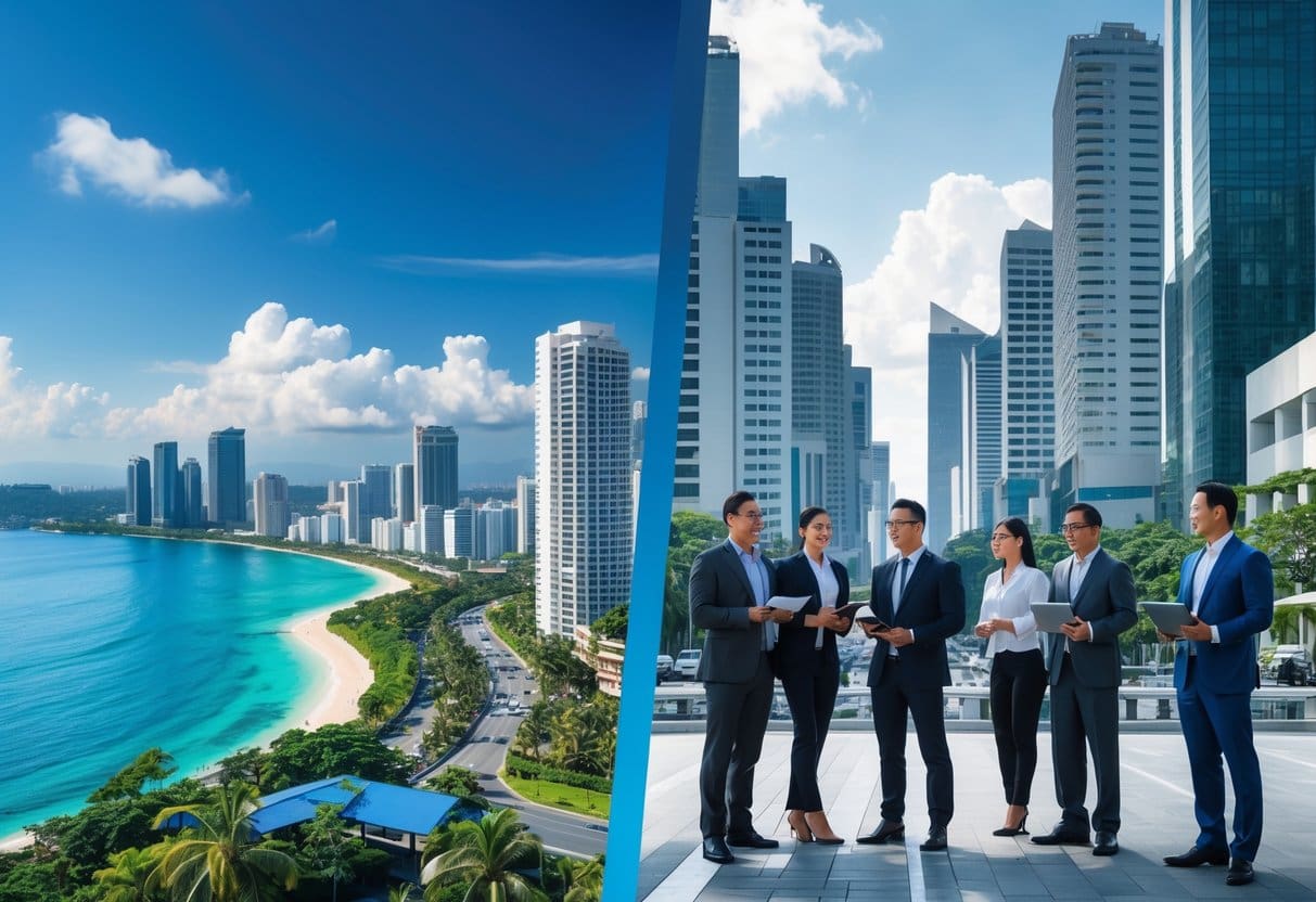 A split image showing the coastal cityscape of Cebu on the left and the busy urban skyline of Manila on the right, with a group of business people discussing in the foreground.