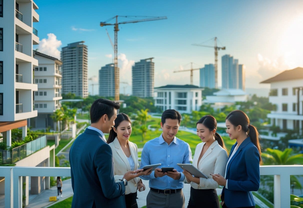 Business professionals analyzing urban development in a growing city with new buildings and construction sites in the background.