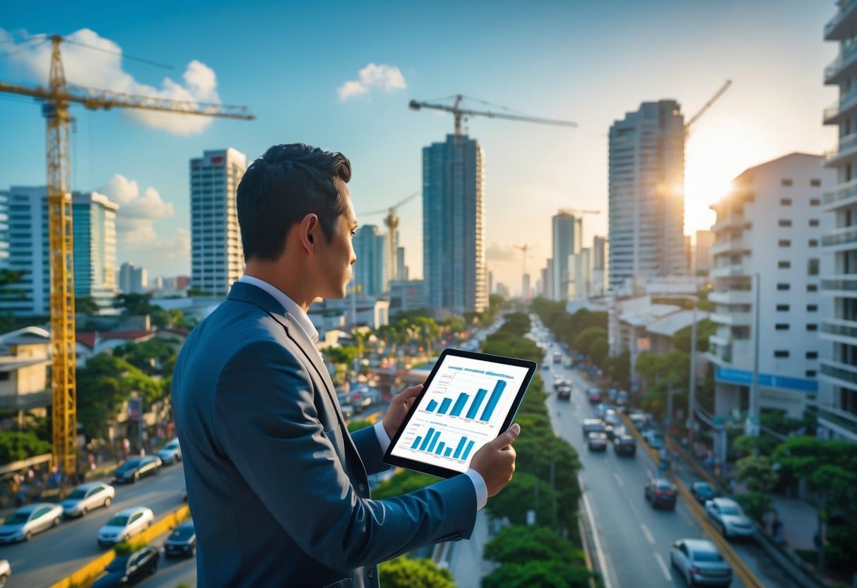 A business professional analyzing investment data with the cityscape of Cebu and construction activity in the background.