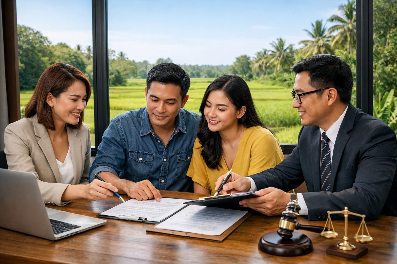 Professionals reviewing documents at a table with agricultural fields visible through a window in the background.