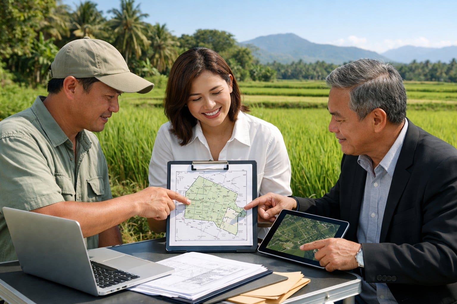Three professionals reviewing documents and maps near a green agricultural field with tropical plants and mountains in the background.