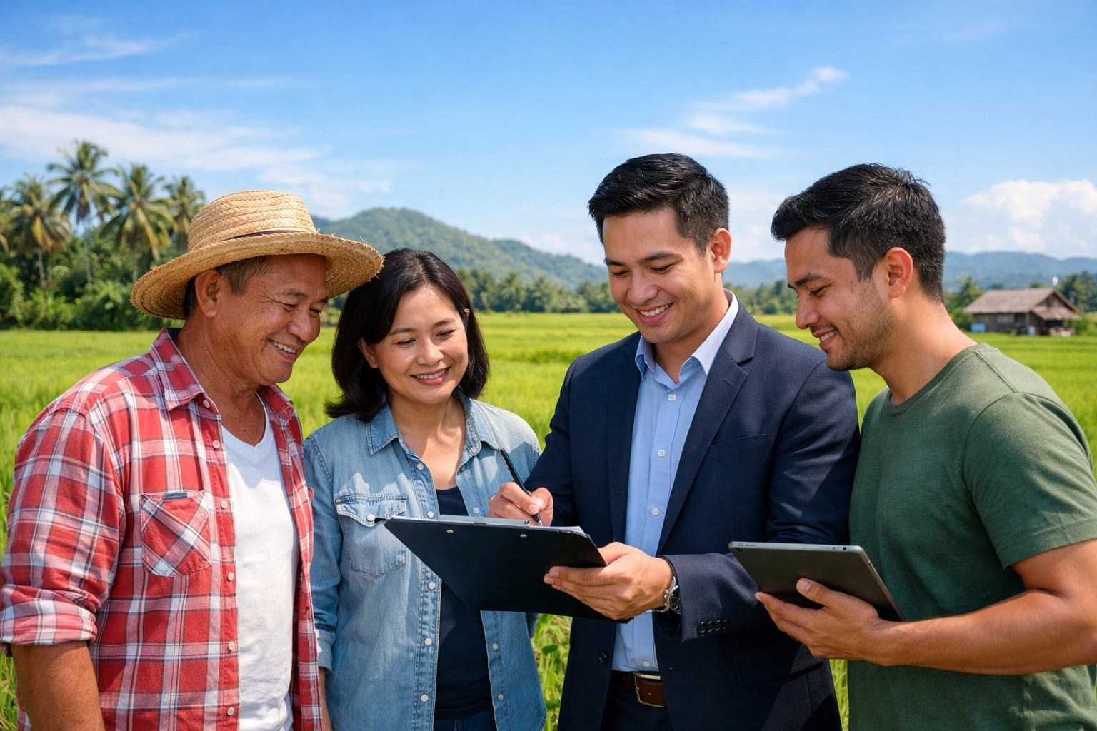 People reviewing documents together on a green agricultural field with rice paddies and palm trees in the background.