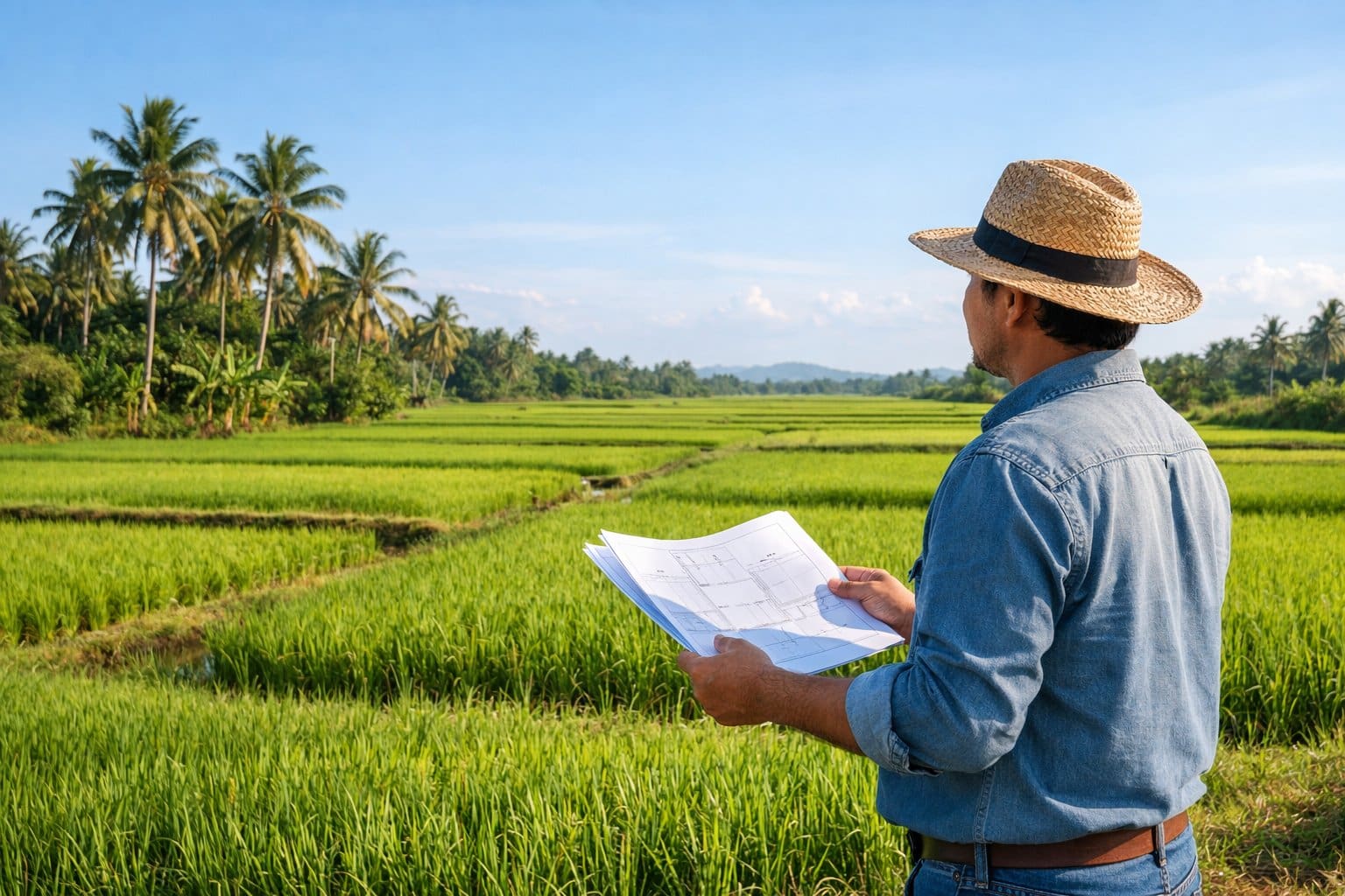 A person reviewing documents while standing in a green agricultural field with palm trees under a clear sky.