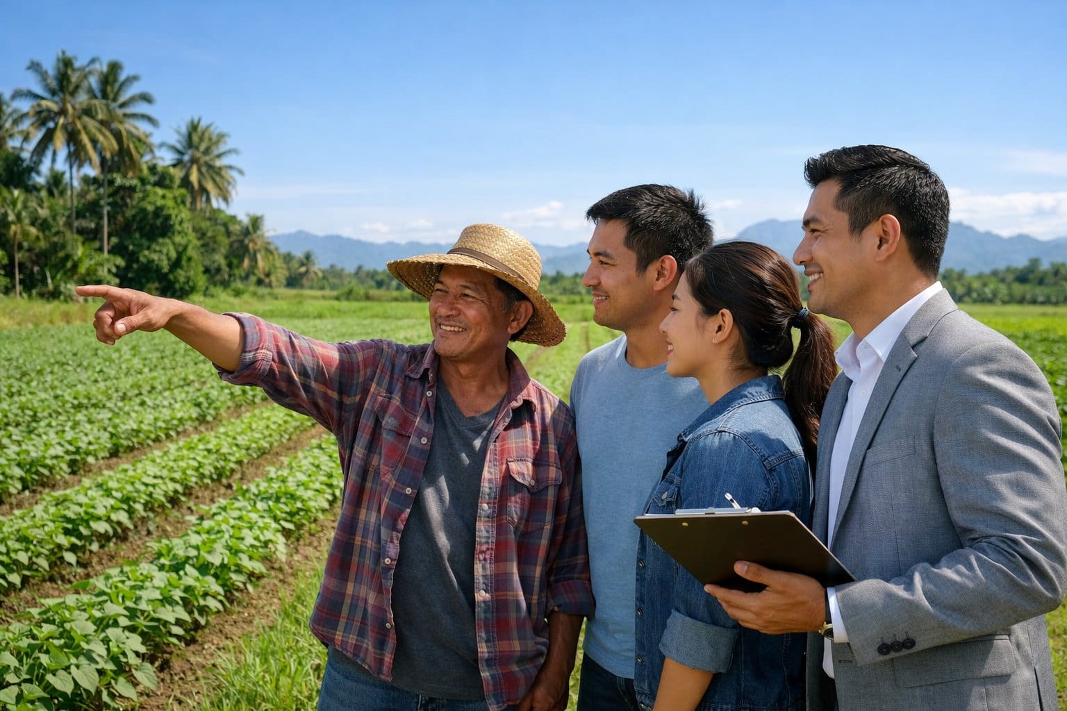 A farmer and a real estate agent standing on a green agricultural field with crops, discussing land in a rural setting with tropical trees and mountains in the background.