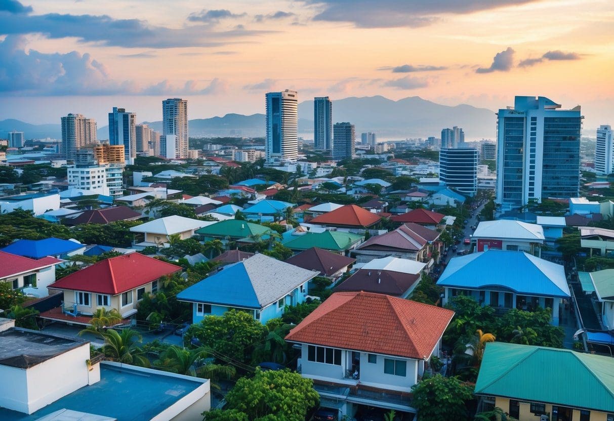 A bustling Cebu cityscape with diverse properties being renovated and sold, showcasing the vibrant real estate market for property flipping