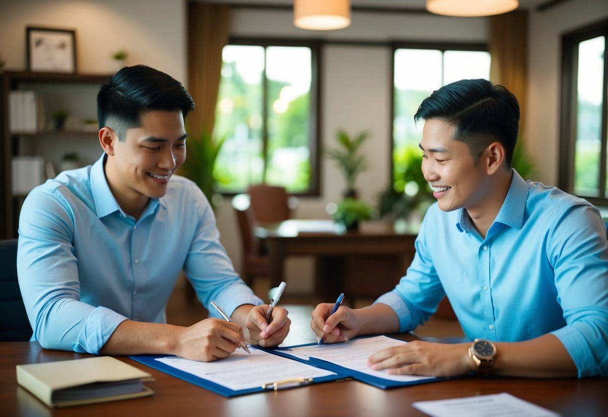 A young couple signs paperwork at a cozy office, with a smiling agent explaining in-house financing options for their first home in the Philippines