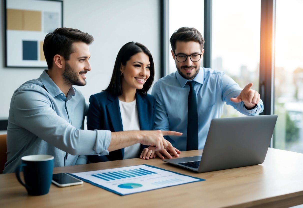 A young couple sits at a table, comparing mortgage options on a laptop. A real estate agent gestures to a chart of different loan terms