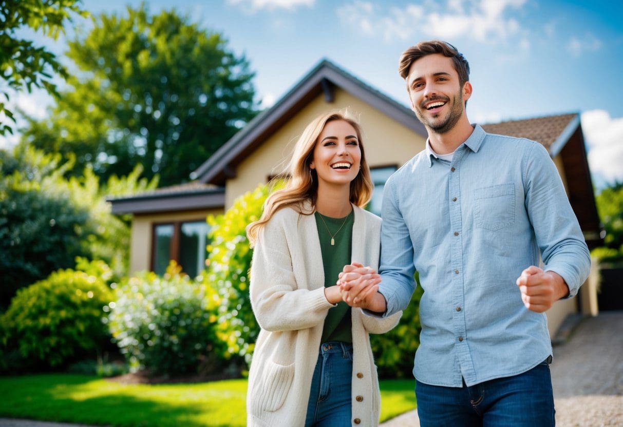 A young couple stands outside a cozy house, surrounded by lush greenery and a clear blue sky. They are smiling and holding hands, looking excited and hopeful about their future in their new home