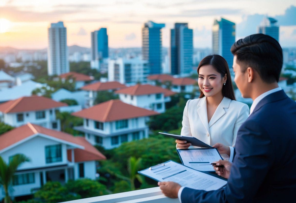A vibrant cityscape of Cebu with modern real estate properties and a foreign investor reviewing legal documents