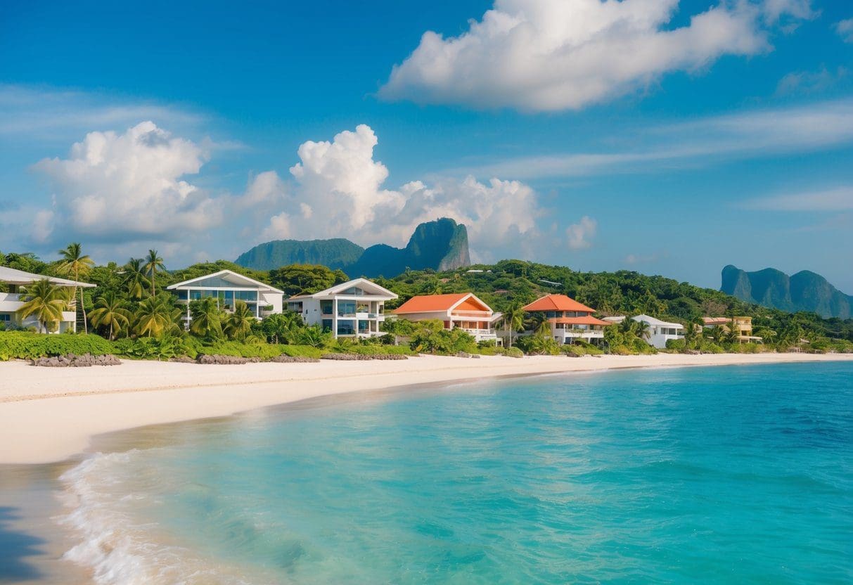 A sunny beach in Cebu with a mix of modern and traditional Filipino architecture, surrounded by lush tropical vegetation