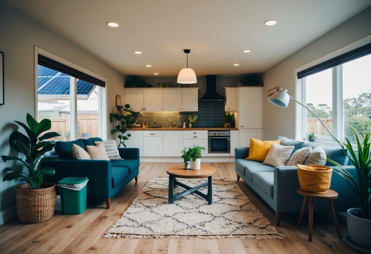 A cozy living room with recycled furniture, energy-efficient lighting, and indoor plants. A compost bin sits in the kitchen, and solar panels adorn the roof