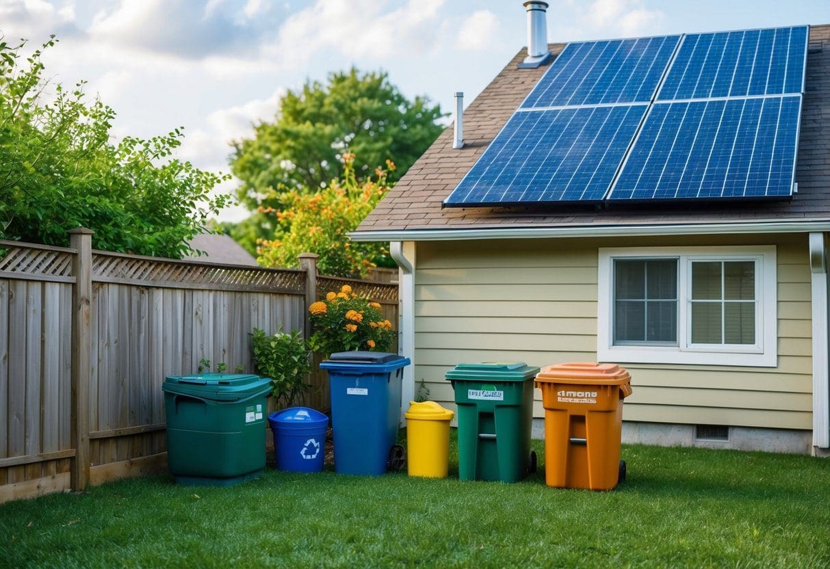 A backyard with a compost bin, rain barrel, and recycling bins next to a solar panel on the roof of the house