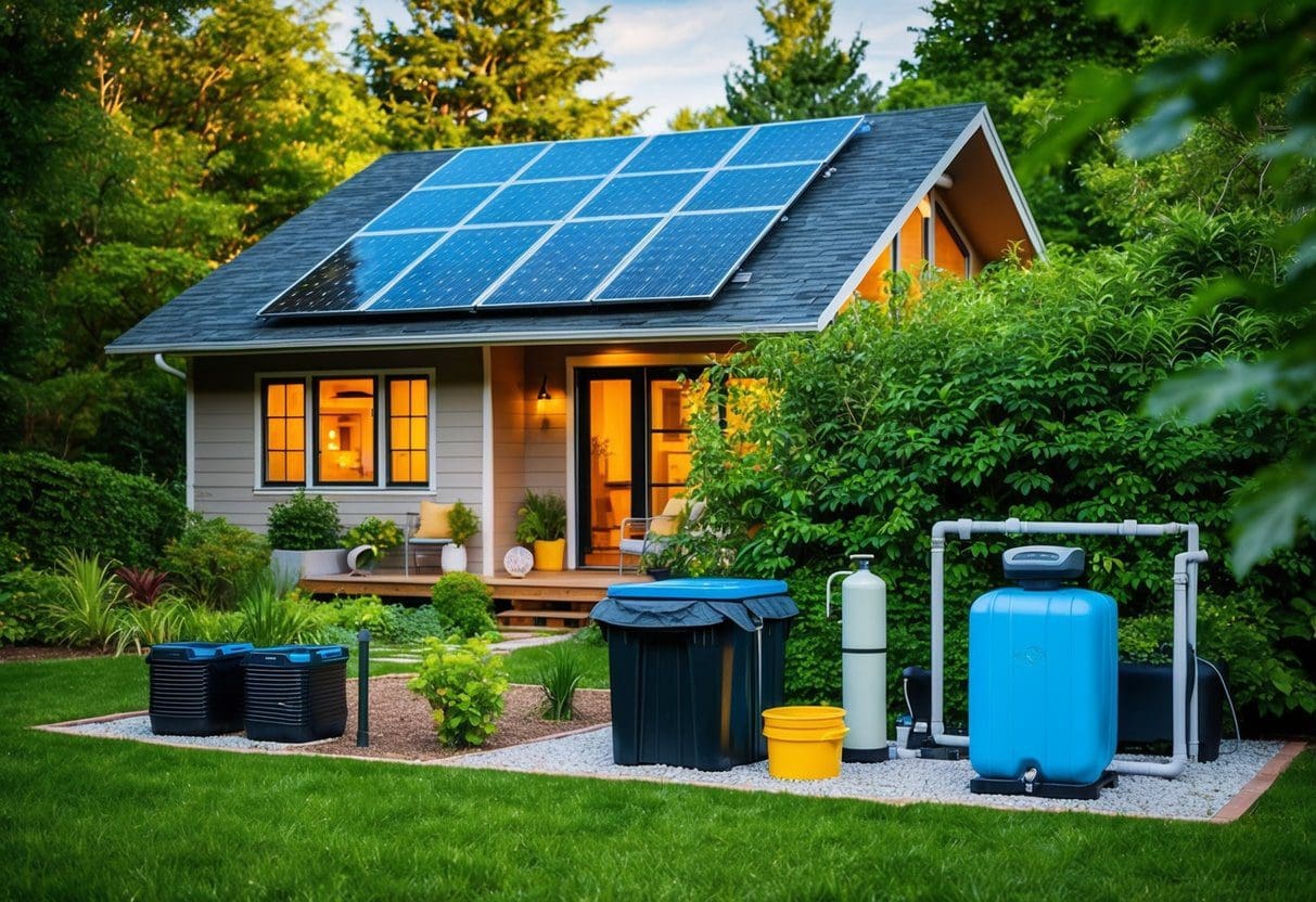 A cozy home surrounded by lush greenery, featuring solar panels, a composting system, and a rainwater collection setup