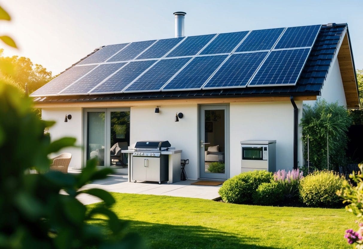 A cozy, modern home with solar panels on the roof, a lush garden, and energy-efficient appliances