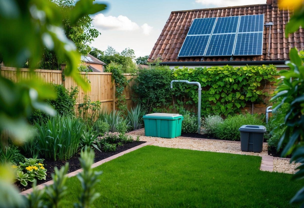 A lush green garden with a rainwater harvesting system, solar panels on the roof, and a compost bin