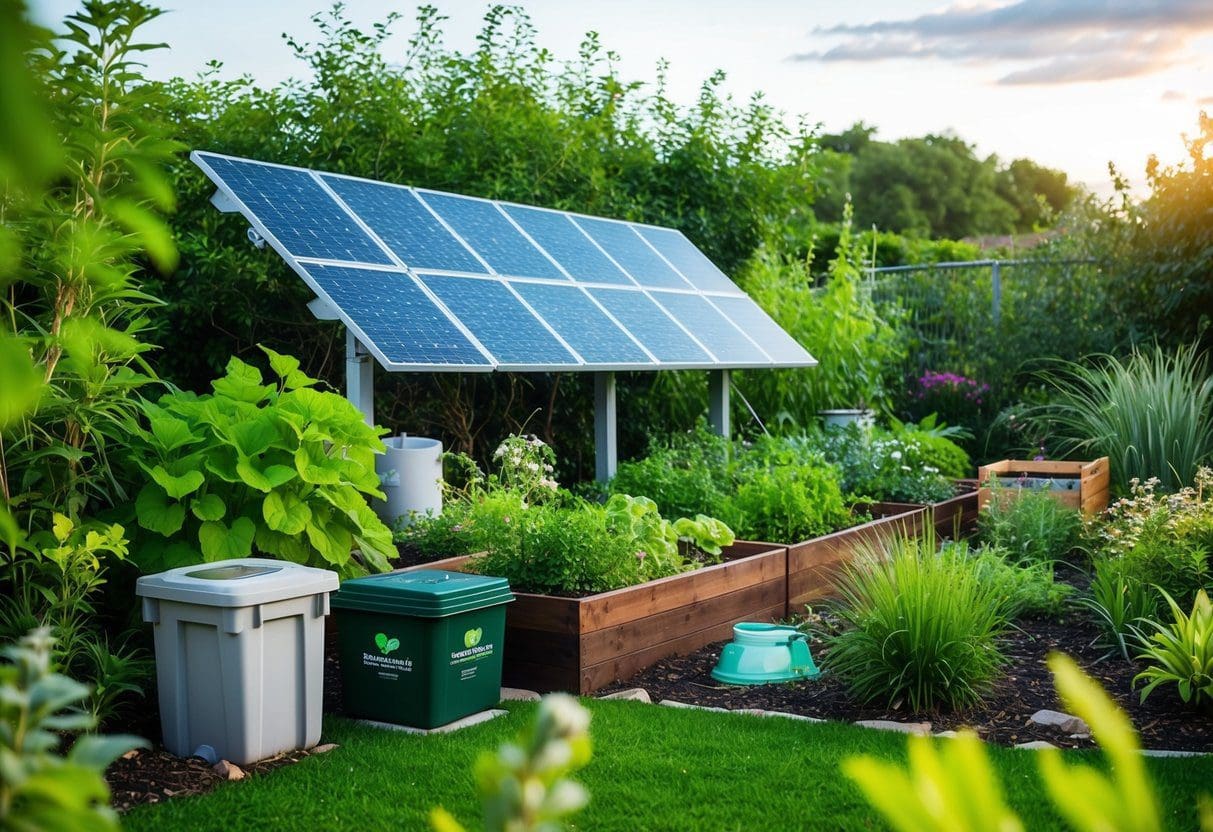 A lush garden with solar panels, a compost bin, and a rainwater collection system surrounded by native plants and wildlife