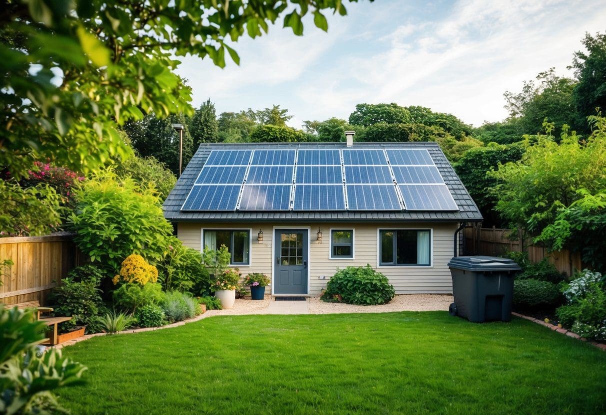 A cozy home surrounded by lush greenery, with solar panels on the roof and a compost bin in the backyard