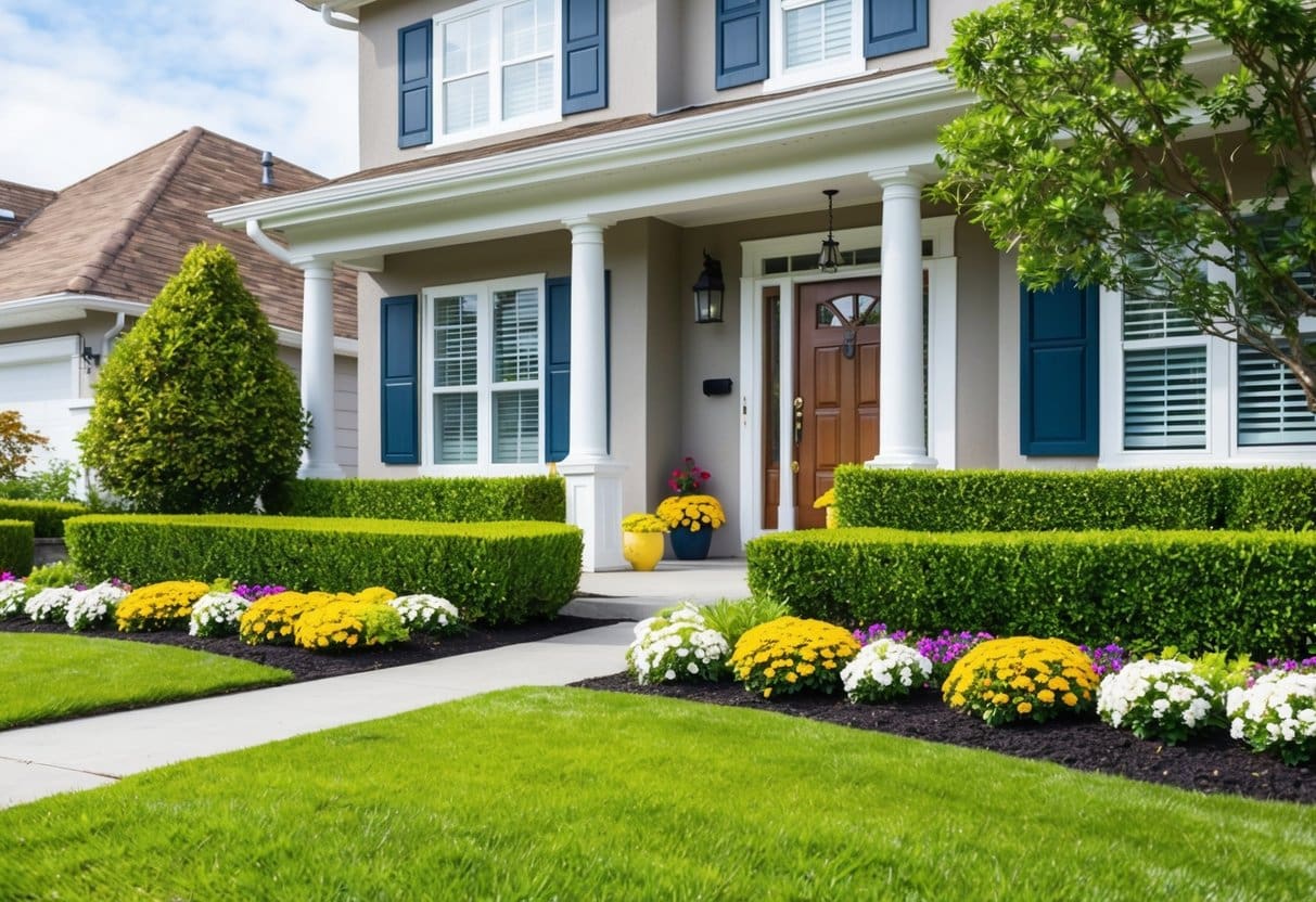 A well-maintained front yard with colorful flowers and neatly trimmed hedges, leading to a welcoming front door with a fresh coat of paint