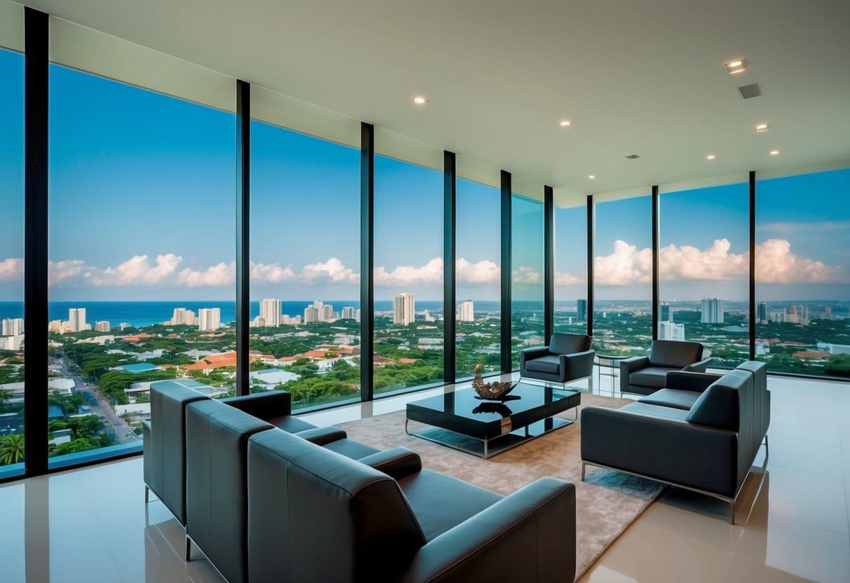 A luxurious modern home with sleek furniture and large windows, showcasing a stunning view of the Cebu cityscape