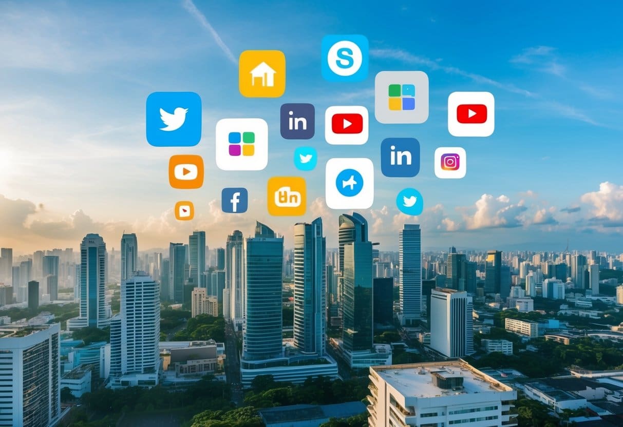 A bustling city skyline with various online platforms and social media logos floating above, representing the challenge of selling property in Cebu's competitive market