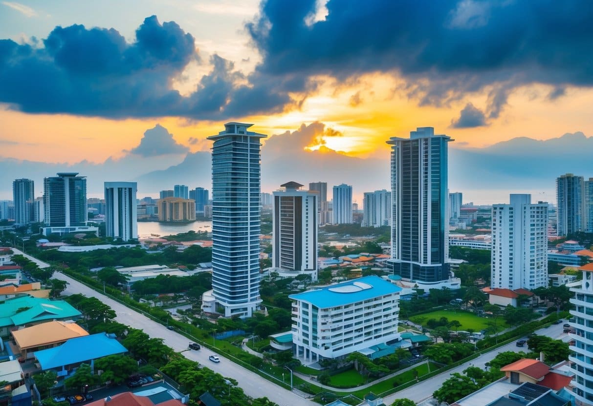 A vibrant cityscape of Cebu with modern high-rise buildings and bustling streets, showcasing the competitive real estate market