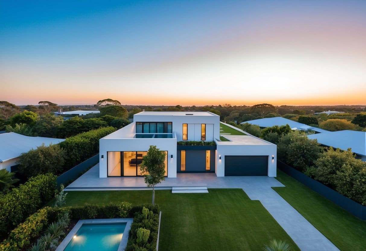 A stunning aerial view of a modern property surrounded by lush greenery and with a clear blue sky in the background