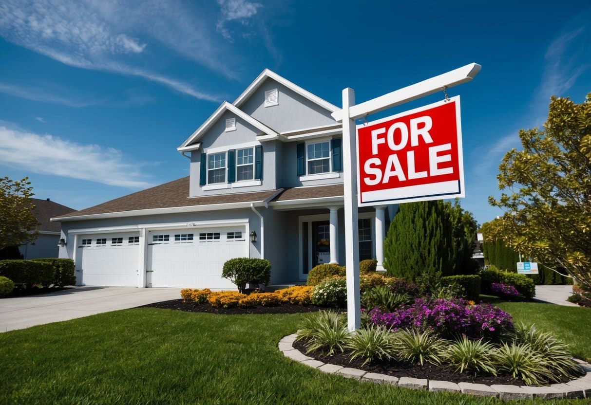 A house with a "For Sale" sign in front, surrounded by lush landscaping and a clear blue sky, with a "Buyer Incentives" banner displayed prominently