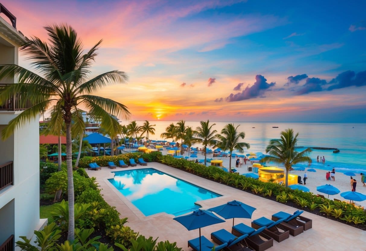 A beachfront vacation rental property in Cebu, with a vibrant sunset, palm trees, and a bustling tourist scene