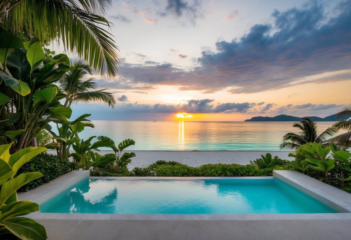 A beachfront vacation rental in Cebu, surrounded by lush tropical foliage and overlooking crystal-clear waters with a stunning sunset in the background