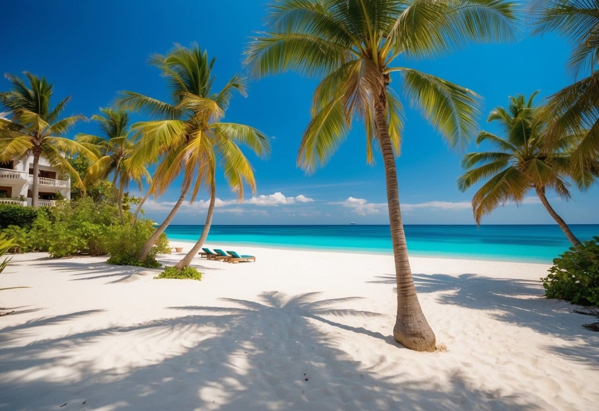 A vibrant beach scene with palm trees, white sand, and crystal-clear waters, surrounded by luxurious vacation rental properties in Cebu