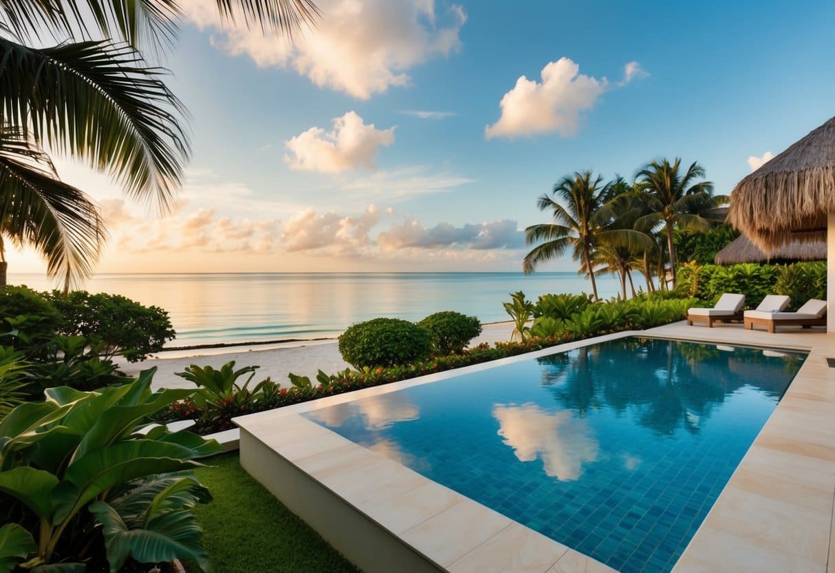 A serene beachfront vacation rental in Cebu, with a luxurious outdoor pool and lush tropical landscaping